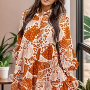 Printed Tiered Half Button Lantern Sleeve Mini Dress