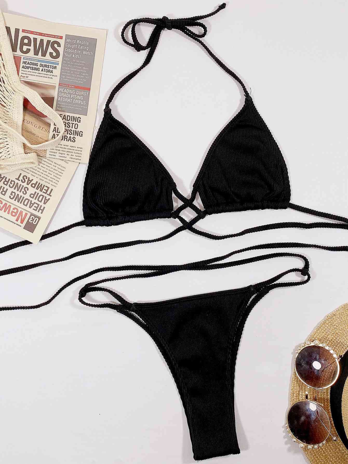 Halter Neck Crisscross Ribbed Bikini Set - Image 14