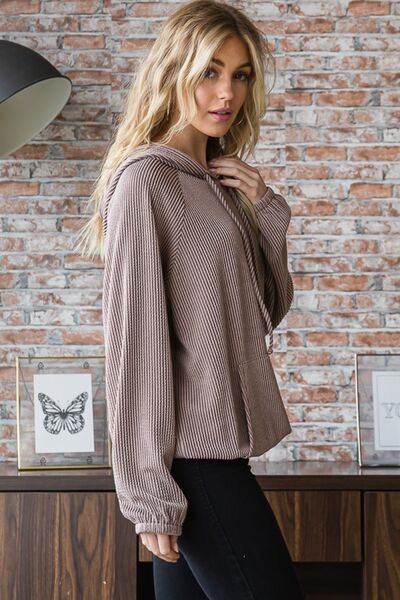 Heimish Full Size Ribbed Drawstring Kangaroo Pocket Hoodie - Image 3