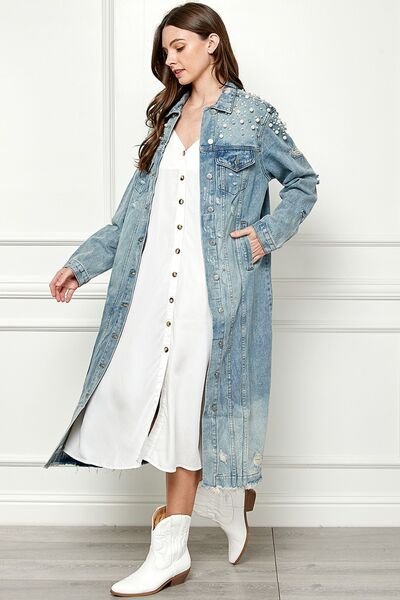 Veveret Full Size Distressed Raw Hem Pearl Detail Button Up Jacket - Image 5
