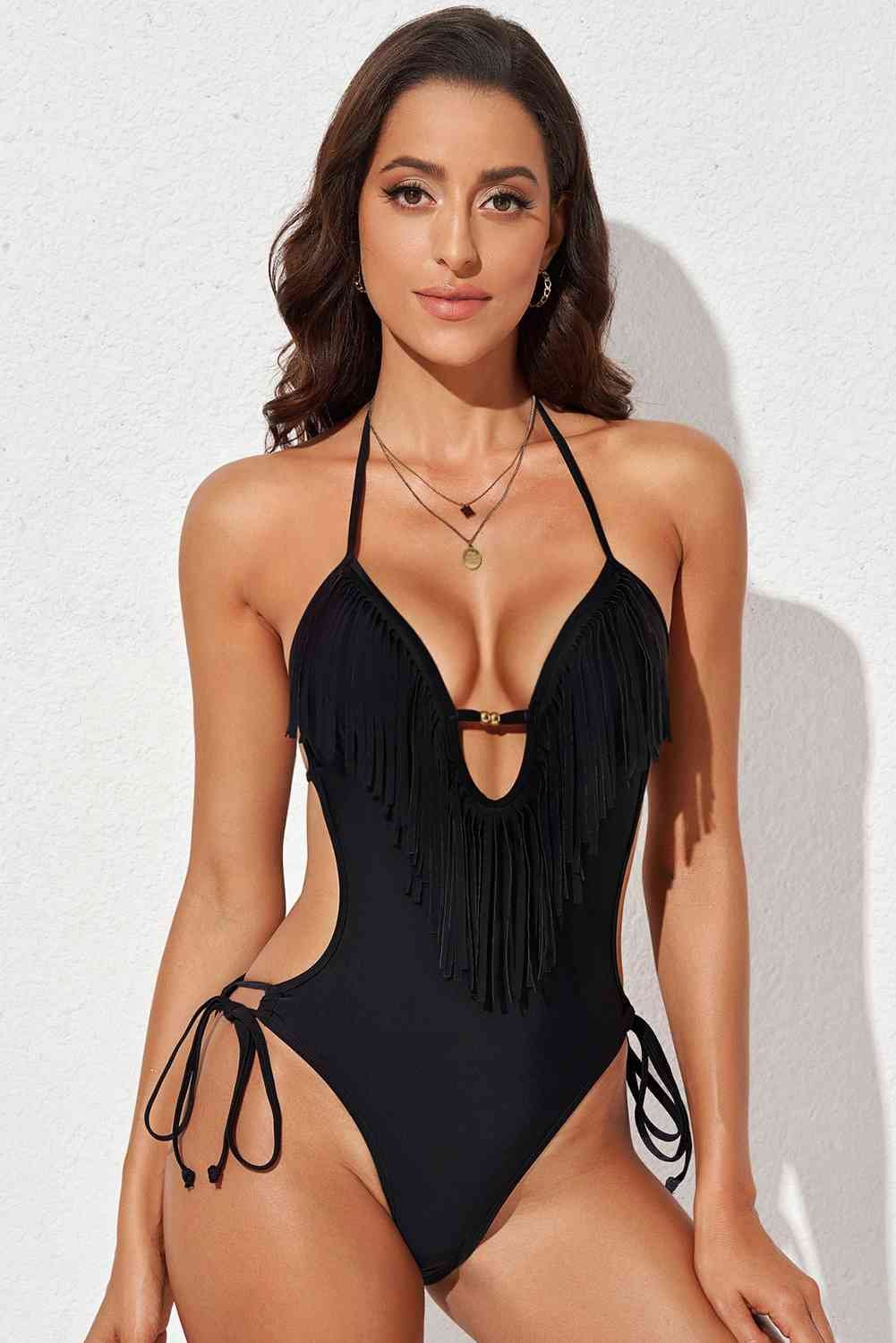 Fringe Trim Tied Halter Neck Backless One-Piece Swimsuit - Image 3