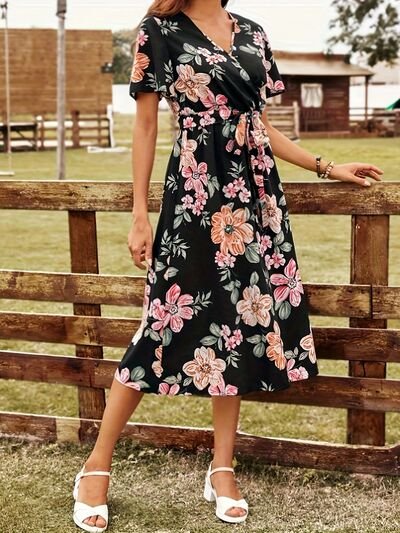 Tied Floral Surplice Short Sleeve Dress - Image 4