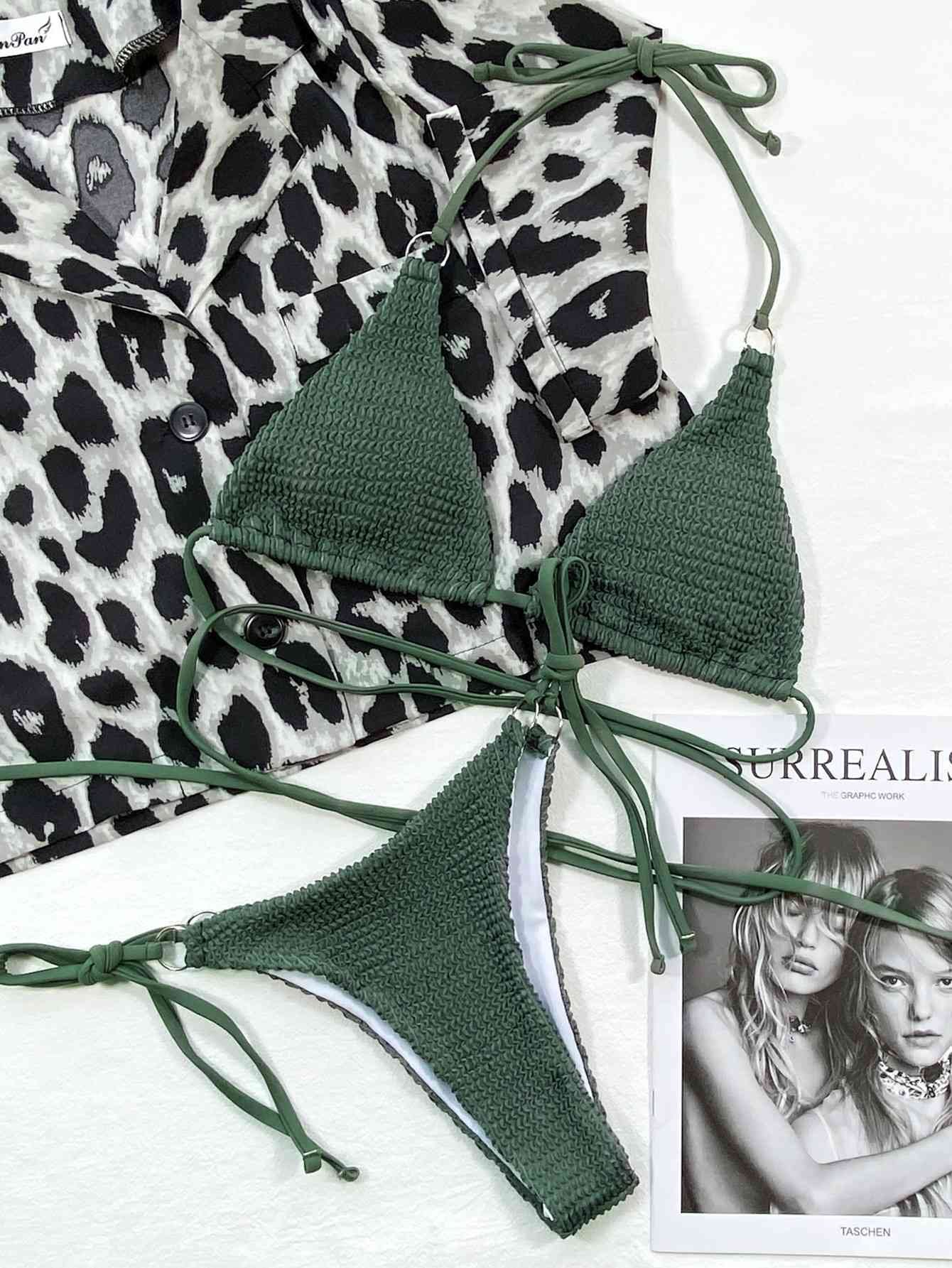 Textured Halter Neck Tie Side Bikini Set - Image 12