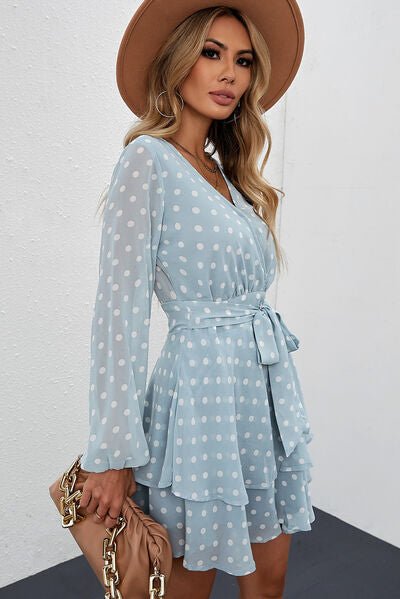 Tied Layered Polka Dot Balloon Sleeve Dress - Image 4