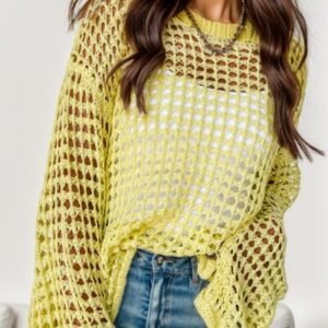 Openwork Round Neck Dropped Shoulder Knit Top
