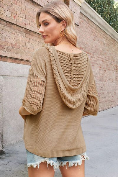 Openwork Drawstring Hooded Half Sleeve Knit Top - Image 2