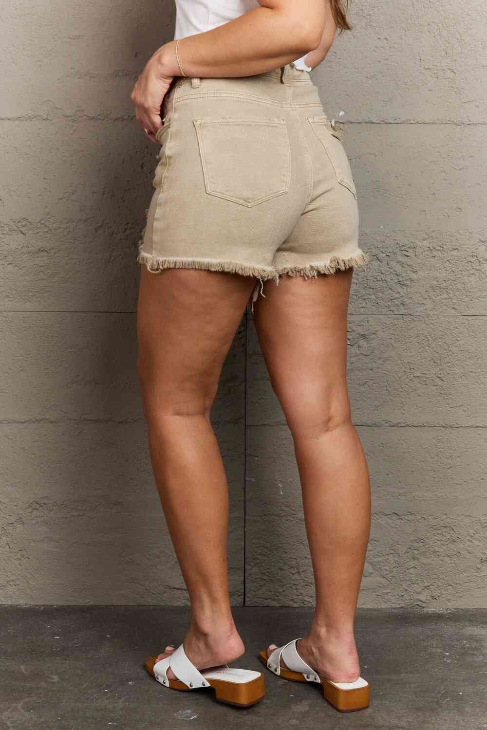 RISEN Katie Full Size High Waisted Distressed Shorts in Sand - Image 3