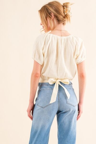 And The Why Cotton Gauze Back Waist Tie Cropped Blouse - Image 2