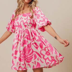 BiBi Tropical Floral Pattern Puff Sleeve Square Neck Dress