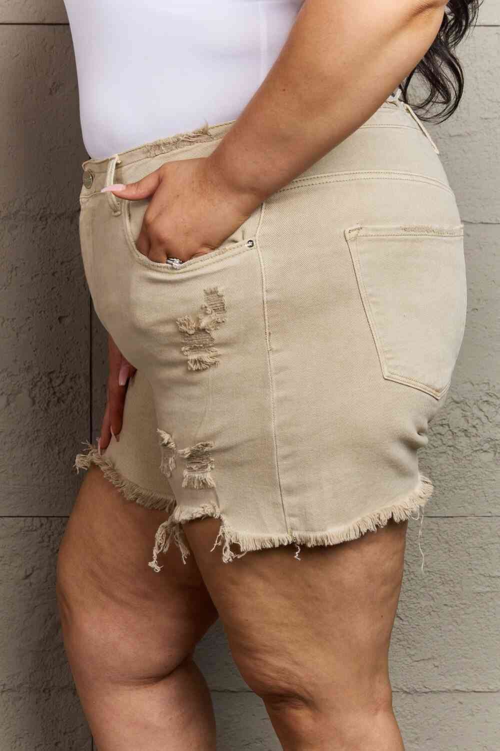 RISEN Katie Full Size High Waisted Distressed Shorts in Sand - Image 10