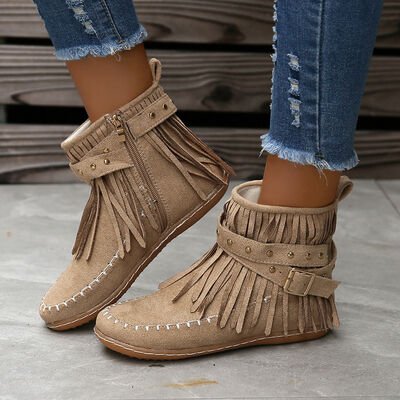 Studded Fringe Round Toe Boots - Image 9