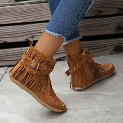Studded Fringe Round Toe Boots - Image 3