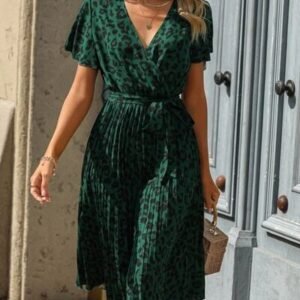 Tied Leopard Surplice Short Sleeve Pleated Dress