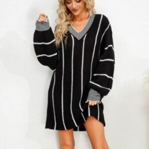 Striped V-Neck Long Sleeve Mini Dress