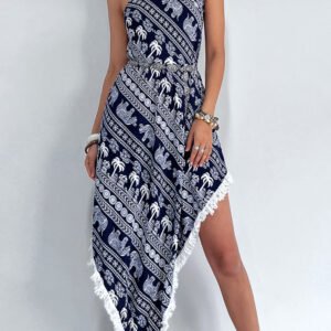 Fringe Printed Single Shoulder Dress