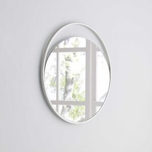 Medium Round Mirror In Matte White. Polished Stainless Steel Frame.