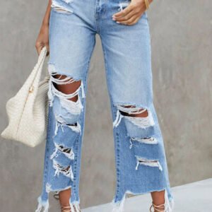 Distressed Raw Hem Jeans with Pockets