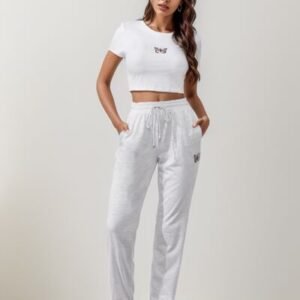 Butterfly Round Neck Top and Drawstring Pants Set