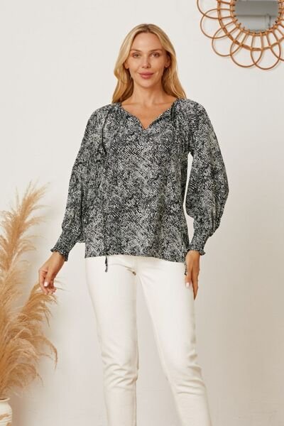 Printed Tie Neck Lantern Sleeve Blouse - Image 7