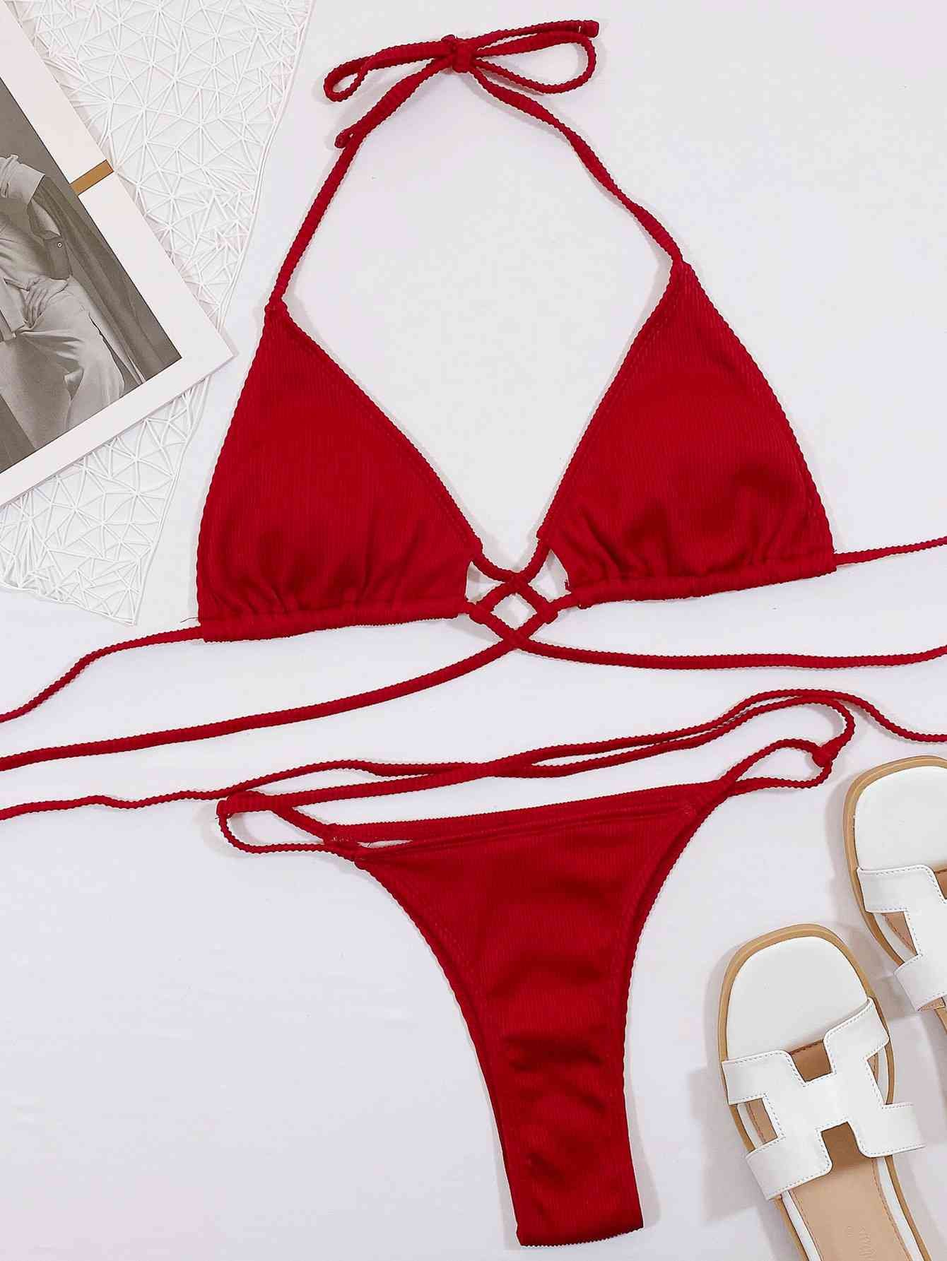 Halter Neck Crisscross Ribbed Bikini Set - Image 3