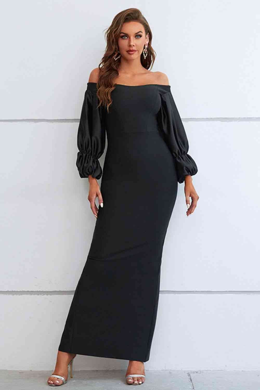 Off-Shoulder Bubble Sleeve Slit Dress - Image 5