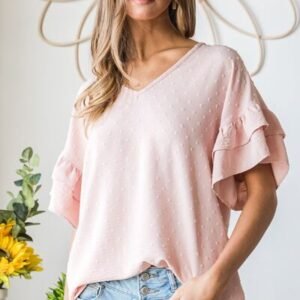 Heimish Full Size Swiss Dot Ruffle Short Sleeve Top