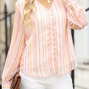 Striped Notched Long Sleeve Blouse