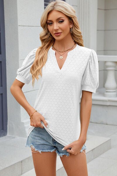 Eyelet Notched Puff Sleeve T-Shirt - Image 9