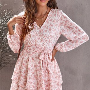 Floral Surplice Balloon Sleeve Layered Dress