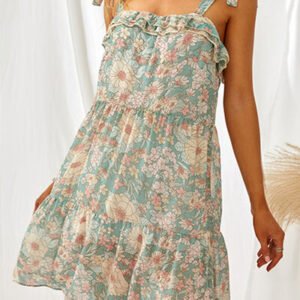 Printed Ruffled Square Neck Mini Dress