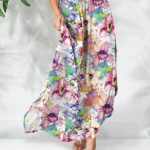 Smocked Printed Elastic Waist Maxi Skirt