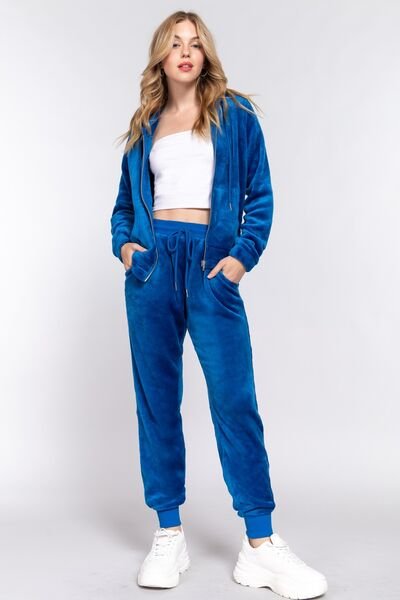 ACTIVE BASIC Faux Fur Zip Up Long Sleeve Hoodie and Joggers Set - Image 3