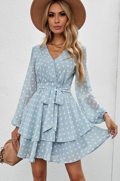 Tied Layered Polka Dot Balloon Sleeve Dress - Image 2