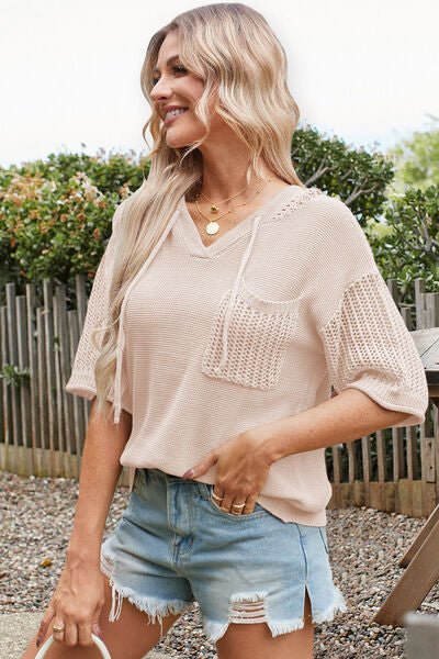 Openwork Drawstring Hooded Half Sleeve Knit Top - Image 7