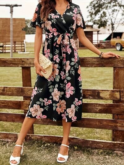 Tied Floral Surplice Short Sleeve Dress - Image 3