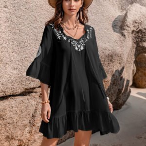 Printed Tie Neck Flounce Sleeve Mini Dress