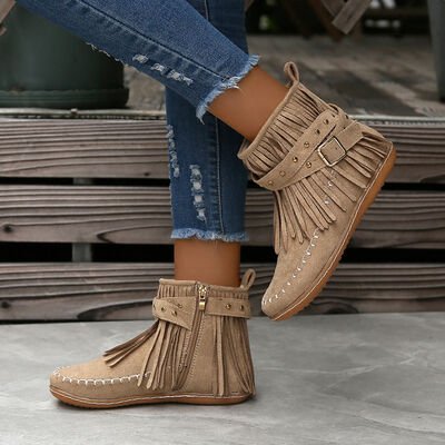 Studded Fringe Round Toe Boots - Image 12