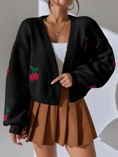 Cherry Graphic Open Front Dropped Shoulder Cardigan - Image 8