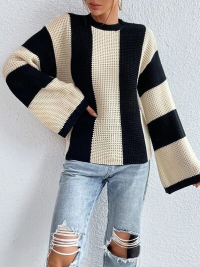 Striped Mock Neck Long Sleeve Sweater - Image 3