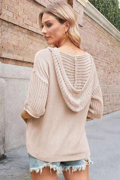 Openwork Drawstring Hooded Half Sleeve Knit Top - Image 8