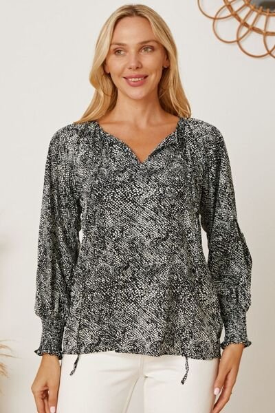 Printed Tie Neck Lantern Sleeve Blouse - Image 2