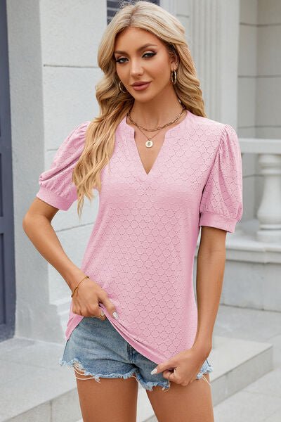 Eyelet Notched Puff Sleeve T-Shirt - Image 18