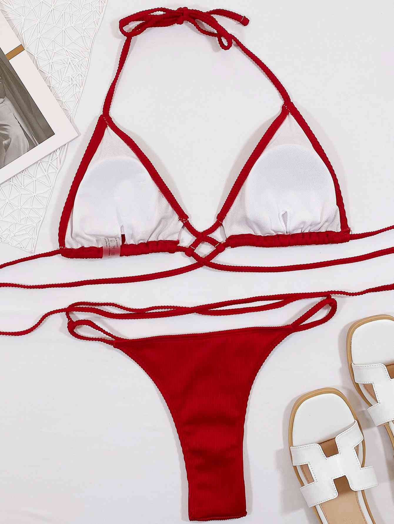 Halter Neck Crisscross Ribbed Bikini Set - Image 2