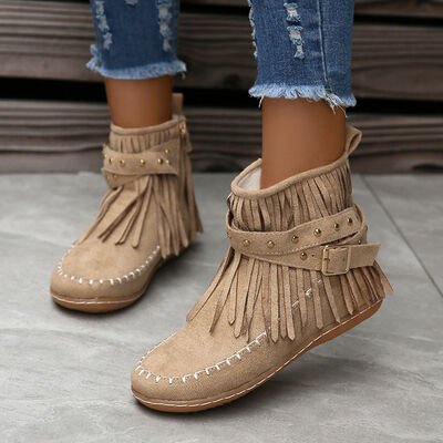 Studded Fringe Round Toe Boots - Image 10