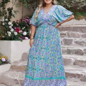 Plus Size Printed V-Neck Balloon Sleeve Dress