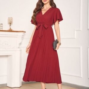 Pleated Surplice Tie Waist Dress
