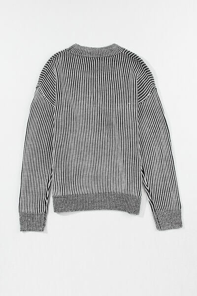 Striped Mock Neck Dropped Shoulder Sweater - Image 6