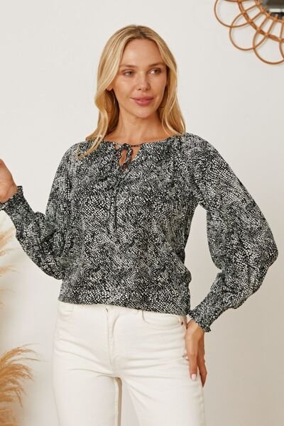 Printed Tie Neck Lantern Sleeve Blouse - Image 5