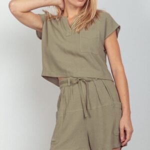 VERY J Woven Cropped Top & Waist Tie Shorts Set
