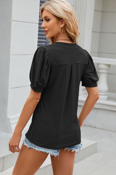 Eyelet Notched Puff Sleeve T-Shirt - Image 2